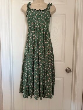 APRICOT Green Floral smocked Ruffle Midi Cottagecore Dress